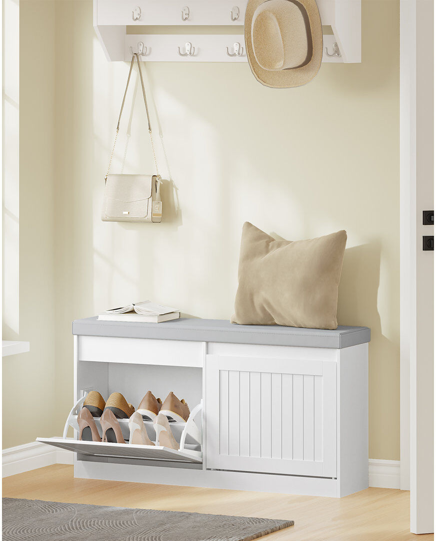 Ebern Designs Shoe Storage Bench with Seat Cushion, Shoe Cabinet Storage Hallway with 2 Flip Drawers, Shoes Rack Bench with Adjustable Shelves for Hallway, Living R White 12