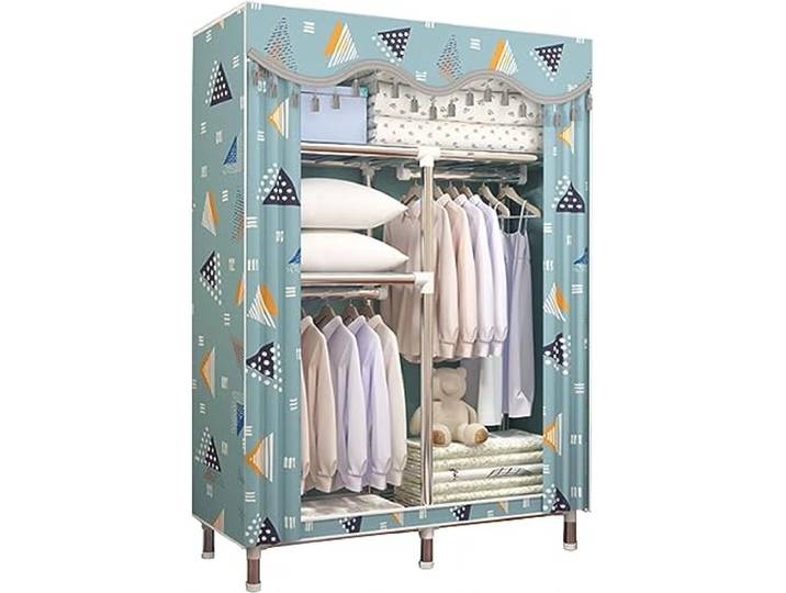 Tragbarer Canvas-Kleiderschrank mit Kleiderstange und Regalen, faltbarer Kleiderschrank for Schlafzimmer