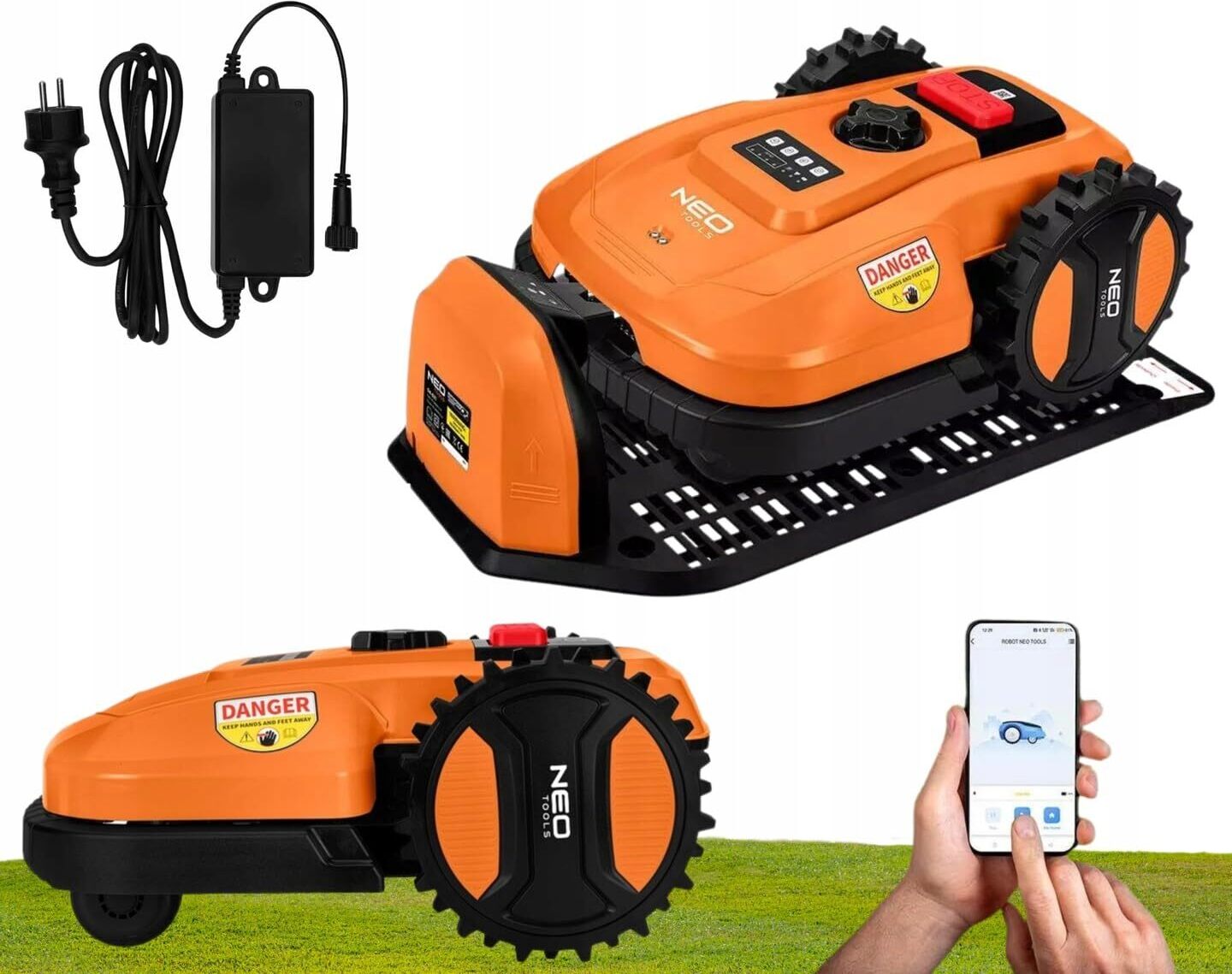 NEO TOOLS Mähroboter mit Austauschbarem Akku für Gärten bis 600 m2 - Steuerung per Smartphone-App - Ladestation, 100m Grenzkabel - 18 V DC