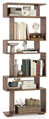 6-Tier Geometric Bookshelf S-Shaped Bookcase Wooden Display Shelf - 1 pcs