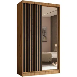 KLEIDERSCHRANK mit Spiegel-Schiebetüren und Aluminium-Leisten, LED-Beleuchtung - LAMELO- 120 cm Artisan+Schwarz+Artisan