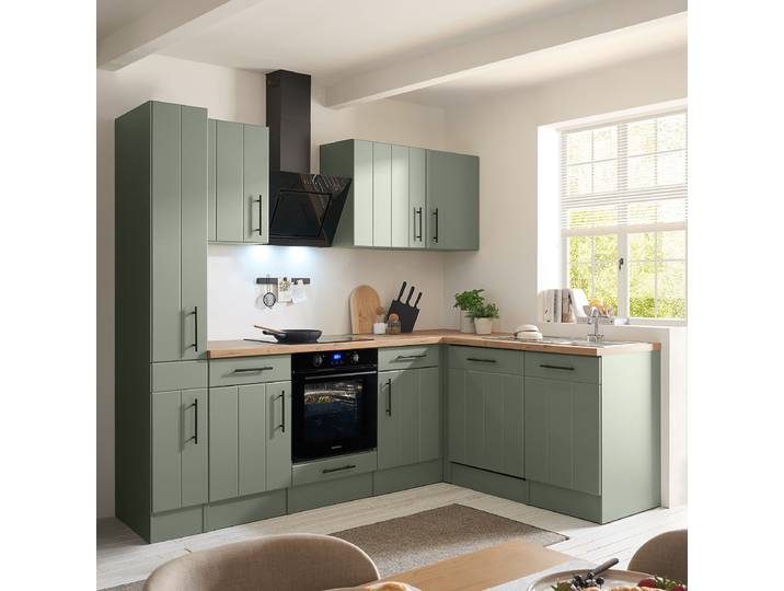 Cuisine d’angle Anton 250cm Vert/Vert roseau Induction Avec électroménager