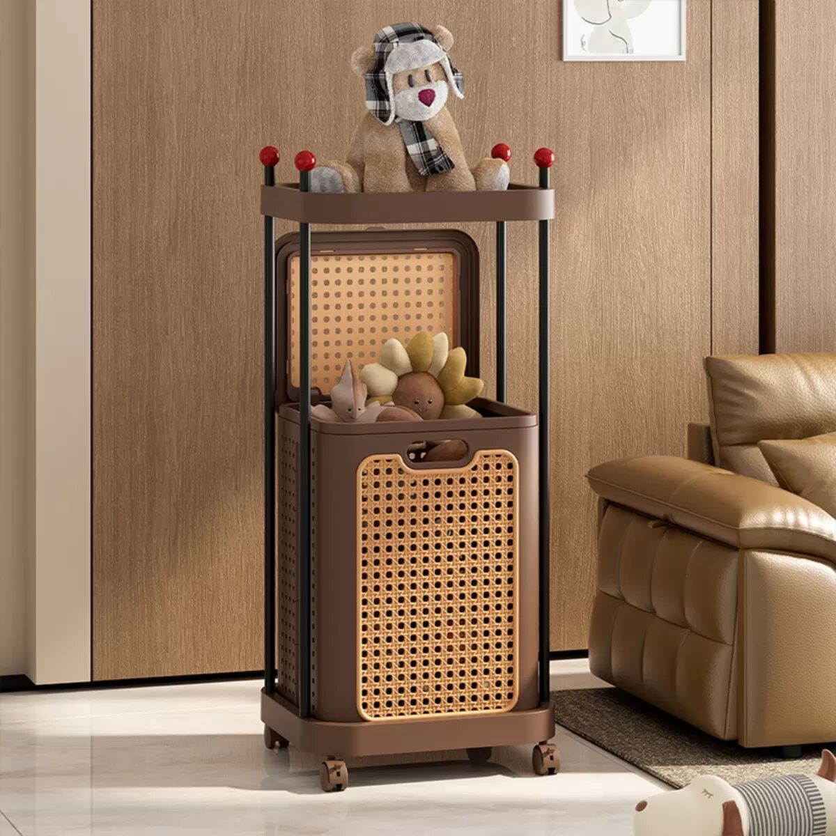 INF Geflochtener Wäschekorb mit Ablage - Retro Brauner Rollbarer Wäschekorb mit Aufbewahrungsregal