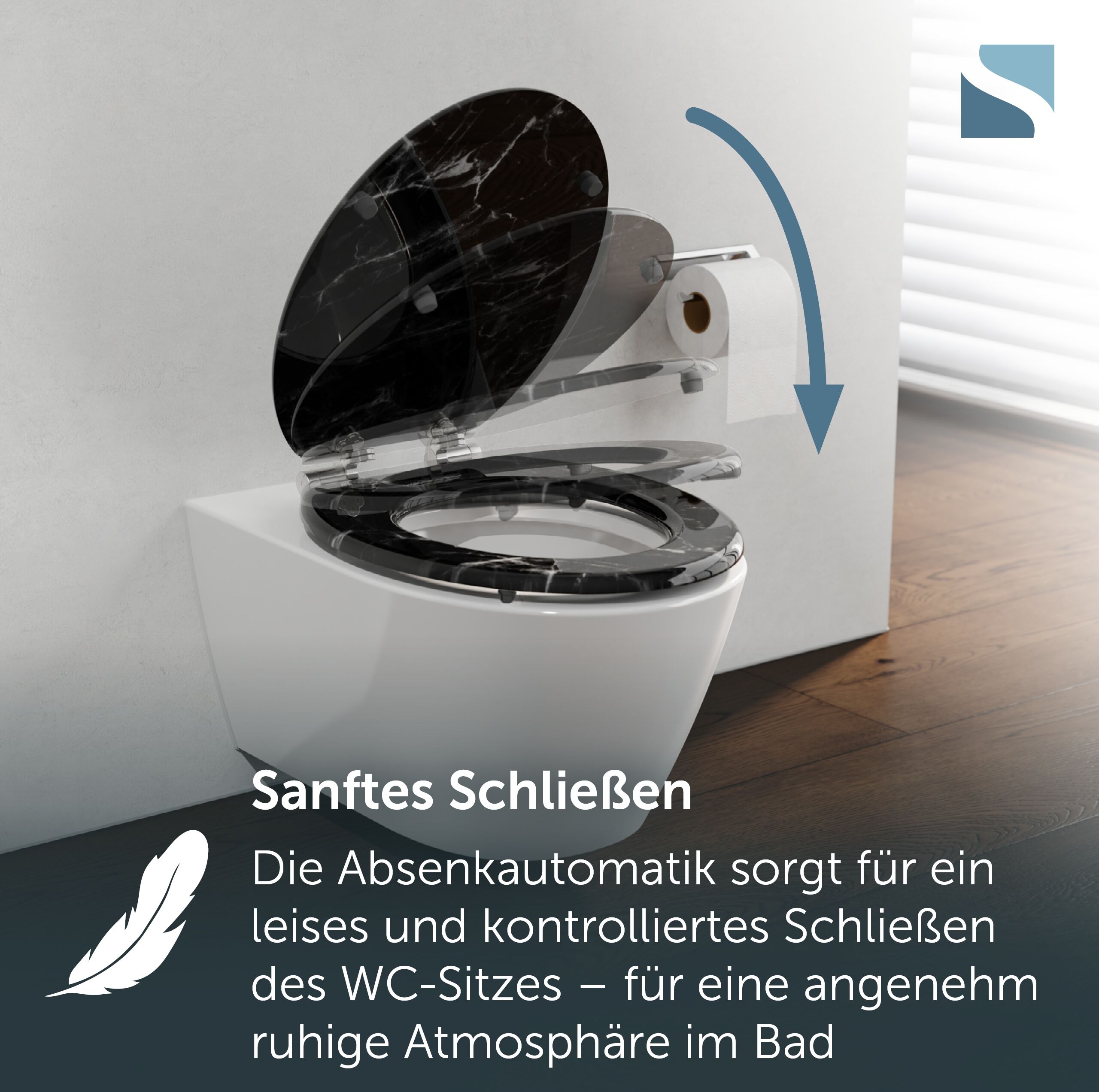 WC-Sitz SCHÜTTE "MARMOR BLACK", schwarz (weißgrau), B:37,5cm L:43,5cm, MDF - Mitteldichte Holzfaserplatte, WC-Sitze, WC-Sitz, Toilettendeckel, Absenkautomatik, stabiles MDF, O-Form, Motiv, 175kg weißgrau Einheitsgröße
