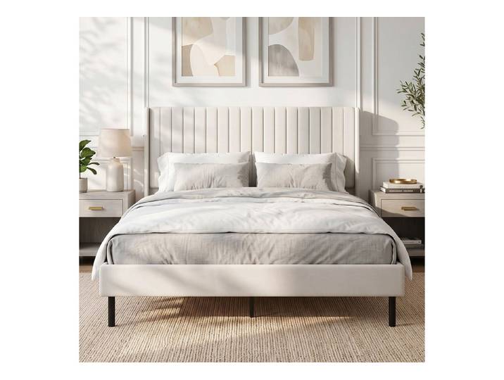 HOMCOM Bettgestell Polsterbett 140x200cm, Holland-Samt, gepolstertes Kopfteil, Beige (Set, 1-tlg., Bettgestell mit Lattenrost), Verstellbares Kopfteil, 15 cm Bodenfreiheit