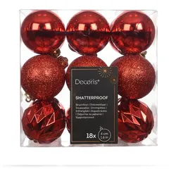 Christmas Decorations 18 Weihnachtskugeln Kunststoff 4cm Mix Glanz Glitzer Ornament Baumschmuck Christbaumkugeln für Weihnachtsbaum Weihnachten bruchsicher Weihnachtsrot