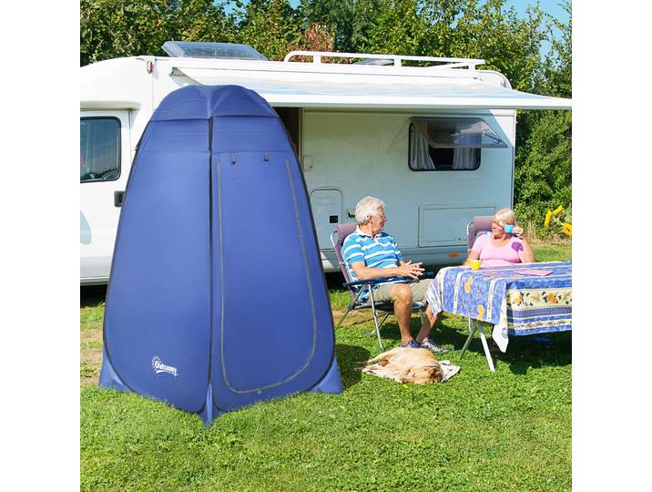 Outsunny Tente de toilette pop-up, tente de douche mobile pour camping, cabine d'essayage avec compartiment intérieur, cabine de douche, cabine d'essayage, imperméable, polyester, bleu foncé, 120 x 120 x 190 cm