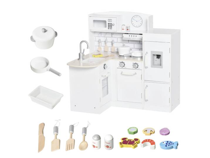 Homcom Kinderküche Spielküche mit elektronischem Wasserspender, Backofen, Weiß, teilmassiv, 64x84.5x86 cm, unisex, Spielzeug, Kinderküchen