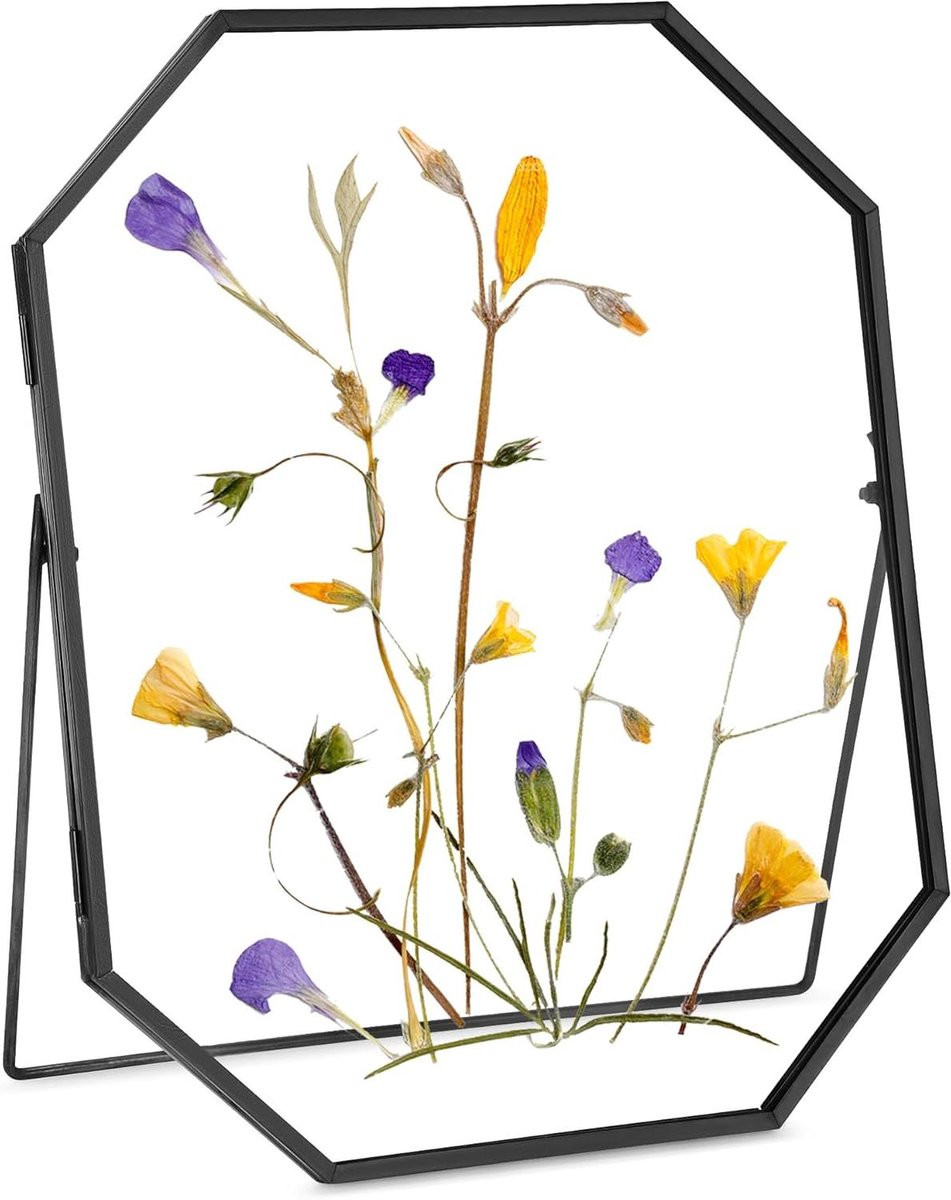 Handgemaakte Glazen Lijst - Zwevend Octagon Fotoframe met Messing Rand - Zwart - 20 x 25 cm