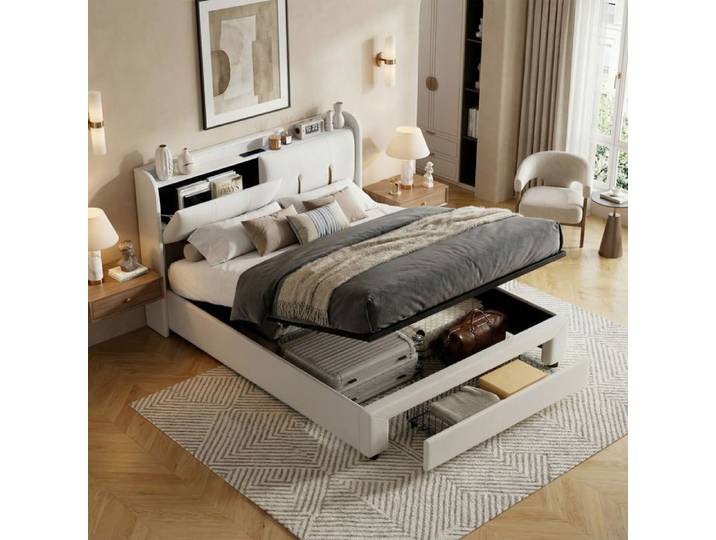 Lit coffre - Litcoffre 160 x 200 - Velours beige - Sommier à lattes inclus - LED tête de lit avec USB