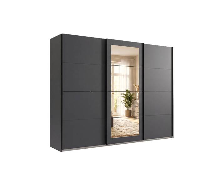 Schwebetürenschrank 3-trg Kleiderschrank 270 cm in Grafit m. Spiegel, Griffe schwarz / 22630
