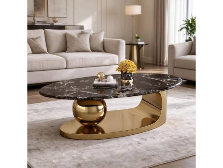 YHTCSXMD Couchtisch oval modern, Steinplatte mit Edelstahlgestell Glatte Steinplatte, Edelstahlbasis, Größen 120/130/140 cm, Couchtisch modern für stilvolle Wohnzimmer