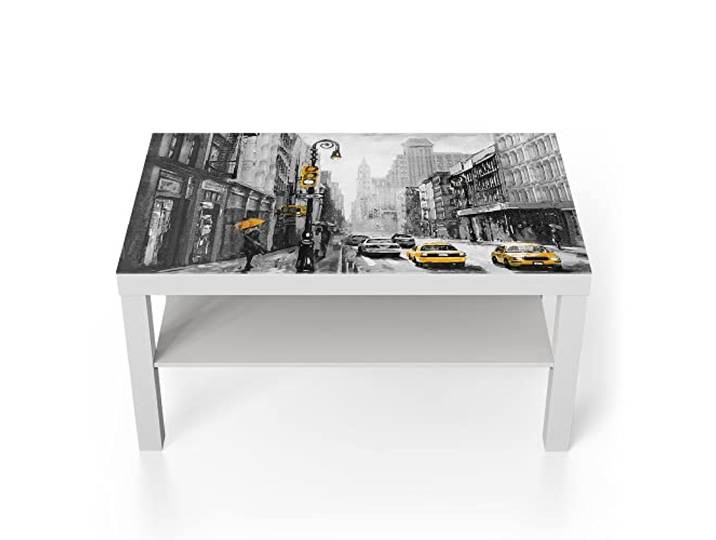 DEQORI Glastisch weiß groß 90x50 cm Motiv Gelbe Akzente auf Straße ausgefallener Beistelltisch aus Glas Hochglanz Couchtisch fürs Wohnzimmer moderner Couch Tisch mit Design
