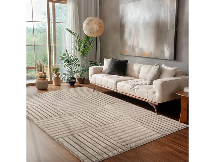 Carpettex Tapis 140x200 cm Beige Poils Longs Shaggy Boho Carreaux