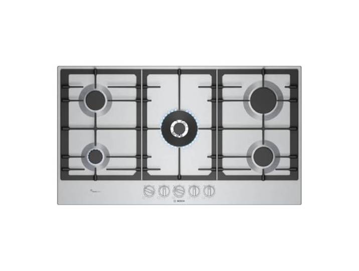 Bosch PCR9A5I90 Serie 6 Gaskochfeld 90 cm Edelstahl Gaskochfeld mit präziser Flammenkontrolle, spülmaschinenfeste Gusseisen-Grillroste Made in Europe