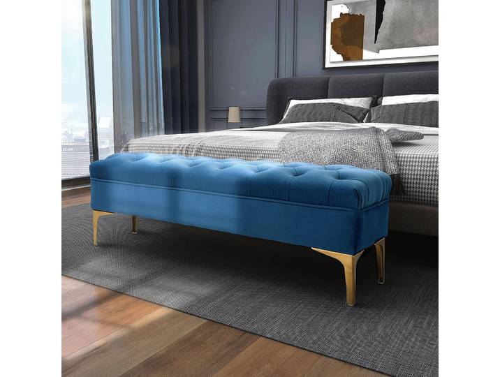 Homcom Sitzbank Bettbank Schuhbank mit erhöhten Beine Schlafzimmer Samt Blau, Kunststoff, 45x42x118 cm, Wohnzimmer, Sessel, Hocker, Sitzhocker