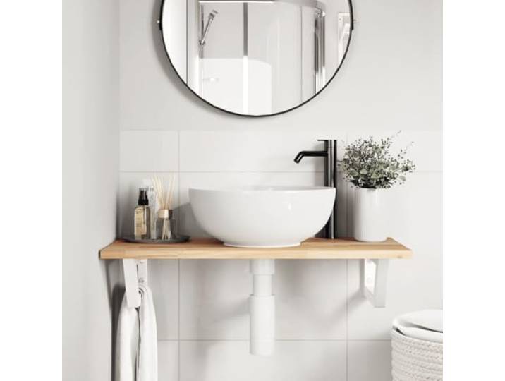 KTHLBRH Wandablage für Waschbecken, 100 x 40 cm, Stahl, Weiß Massivholz Akazie, Trapezhalterung, Kapazität 100 kg, Wandmontage