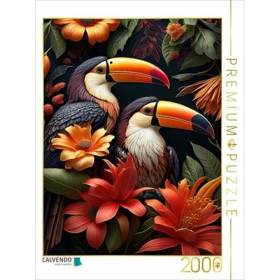 CALVENDO Puzzle Zwei Tukane mit leuchtenden Schnäbeln zwischen orangefarbenen Blüten | 2000 Teile Lege-Größe 90x67cm Foto-Puzzle für glückliche
