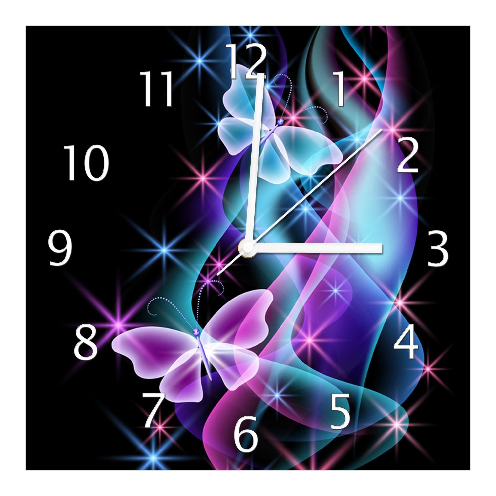 Wallario Uhr 20 x 20 cm, weiße Zeiger Schmetterlinge in bunten, strahlenden Farben
