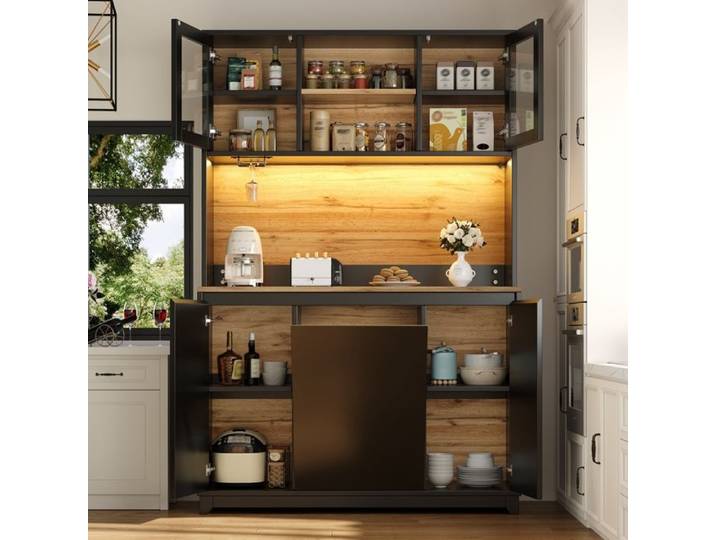 Armoires Cuisine - Buffet - Haut Vaisselier avec Prises Électriques LED-avec Plans de Travail-Étagères Réglables-120x40x180cm-Noir