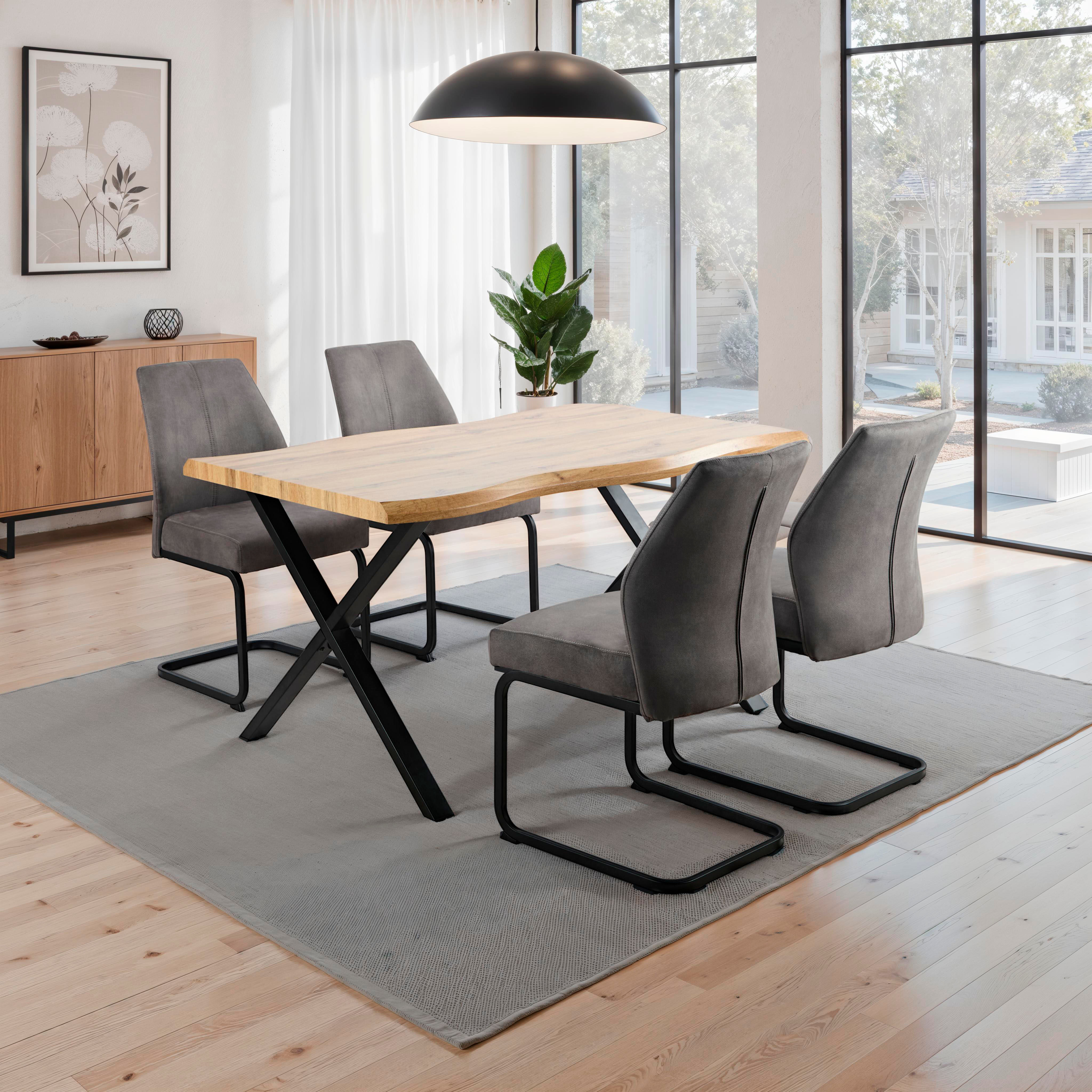Essgruppe HELA "ILLER Tisch 140x90 cm", grau (wildeiche, schwarz, vintage anthrazit, vintage anthrazit, schwarz), Microfaser VINTAGE, MDF, Metall, Stoff, Sitzmöbel-Sets, Essgruppe, 5tlg., Baumkante 46mm, X-Gestell, Schwingstuhl, Federkorb