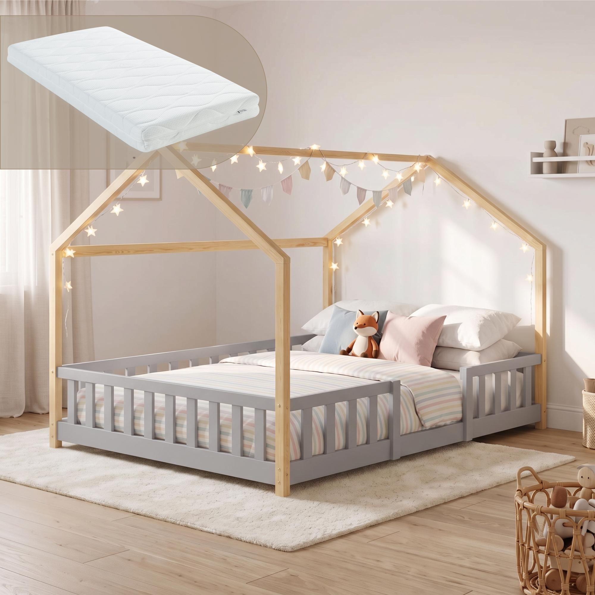 Kinderbett 'Sisimiut' Montessori in Haus-Optik mit Matratze und Rausfallschutz Kiefernholz 140x200 cm Hellgrau/Natur