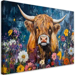 WANDBILD schottische hochlandkuh abstrakt blumen