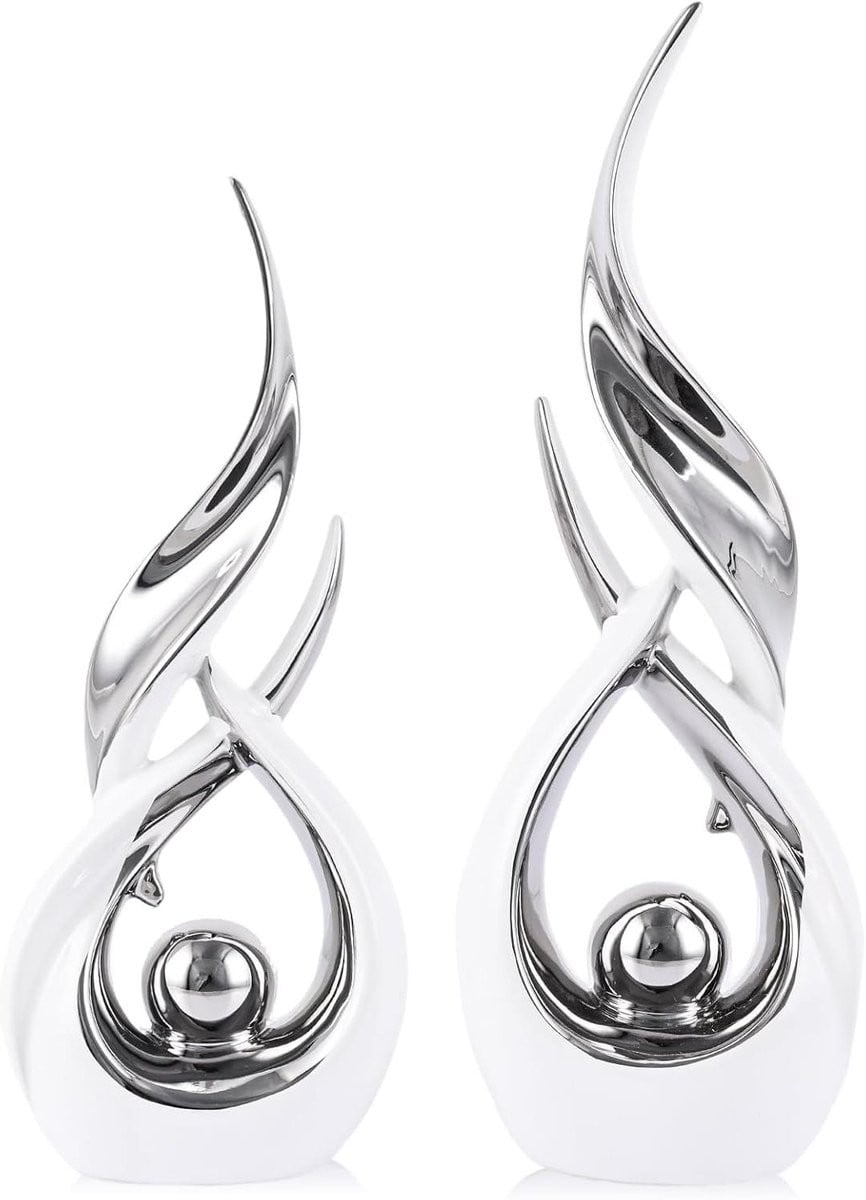 Keramische Abstracte Set - Moderne Kunst Decoratie - 2-delig - Wit Zilver