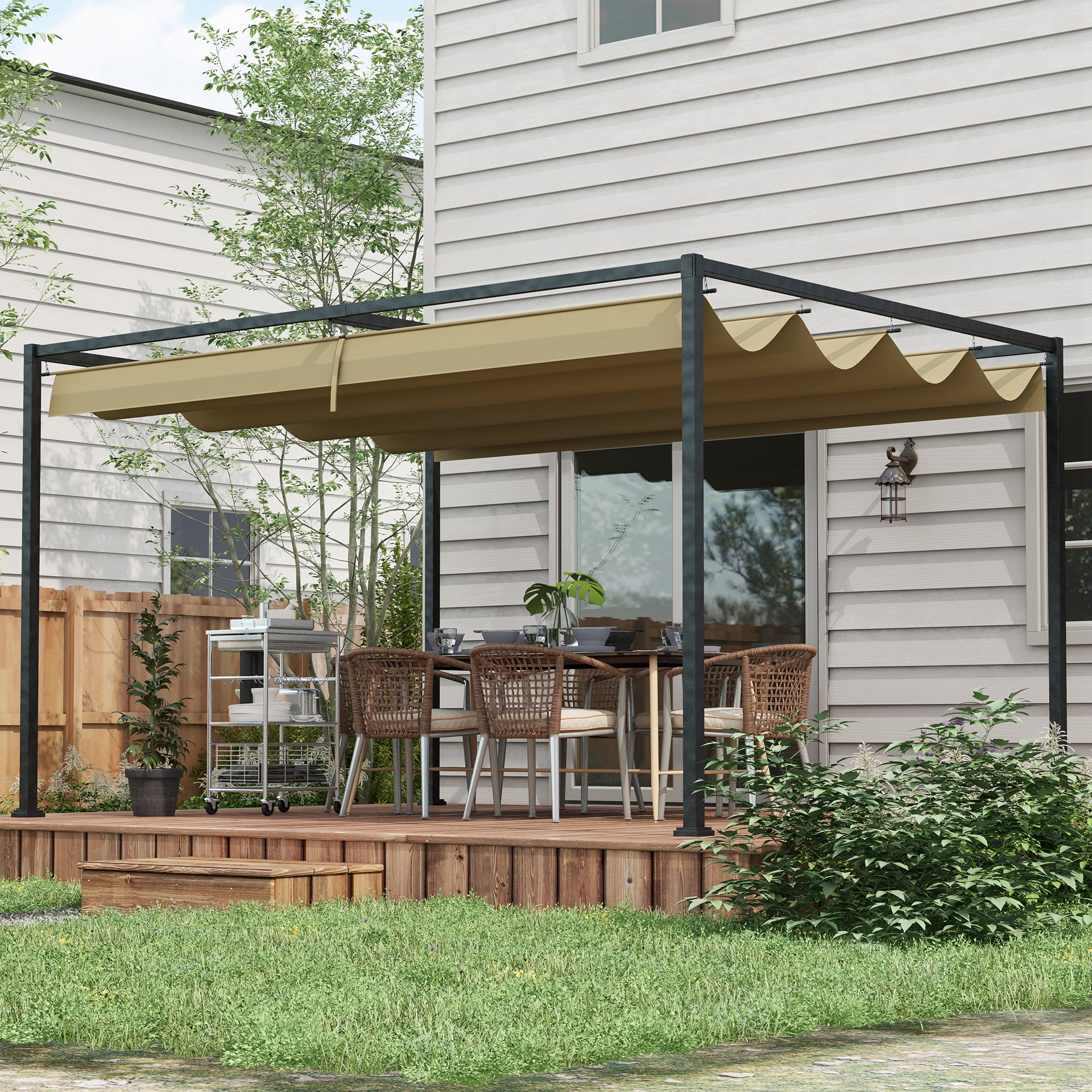 Outsunny Pergola coulissante retrattile per giardino, struttura in metallo e 180 g/m², grigio scuro   Aosom Italy