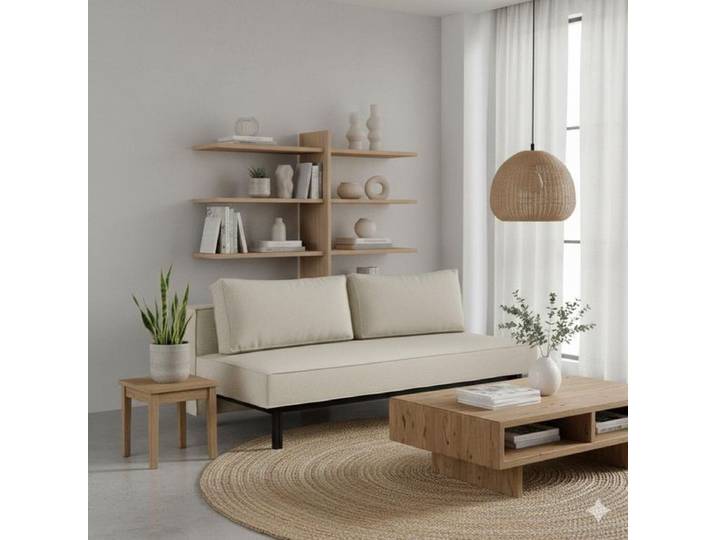 Schlafsofa Ellwood Webstoff mit Stauraum Kunstfaser 68x200x94cm Sand ausziehbar industrial