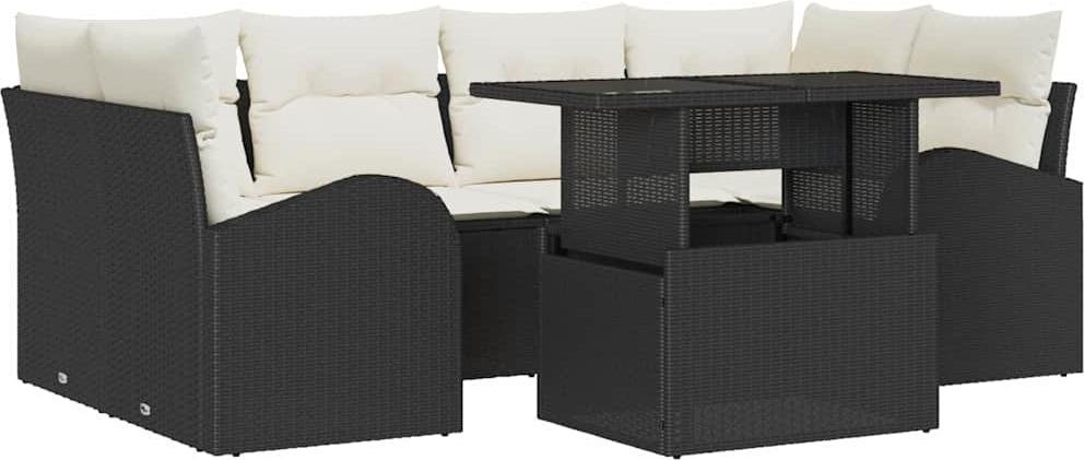 Modulares Gartenmöbel-Set, 7-teiliges Outdoor-Sofa, wetterfestes Poly-Rattan Schwarz, 6 Sitzplätze, verstellbare Füße, Tisch mit gehärteter Glasplatte