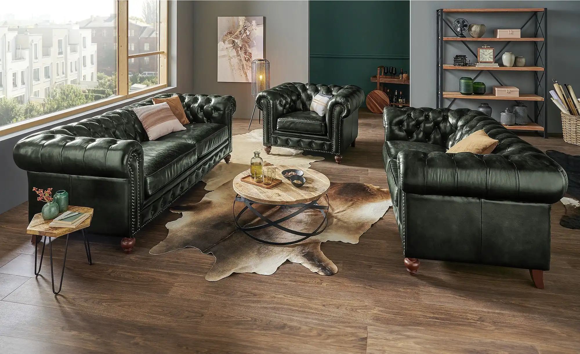 uno Ledersessel im Vintage-Look Chesterfield ¦ grün ¦ Maße (cm): B: 124 H: 80 T: