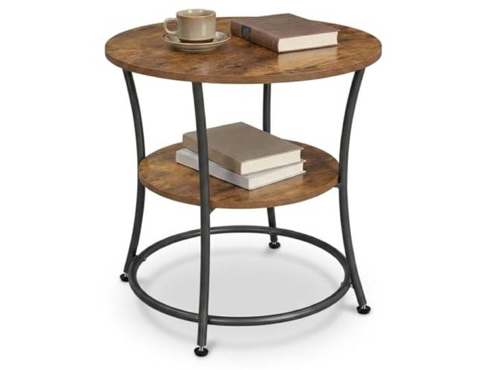 Relaxdays Table d'appoint\, brun foncé/noire 2 plateaux\, H x D : 55 x 55 cm\, aspect bois et métal\, table basse ronde