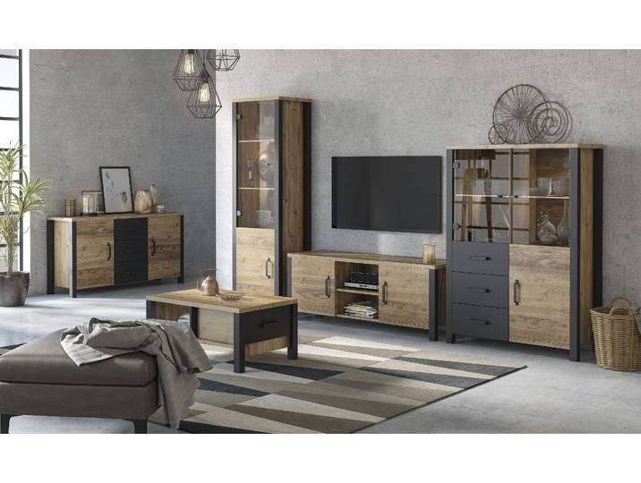 Wohnwand HOME AFFAIRE Olin , schwarz (appenzeller fichte, appenzeller fichte, schwarz supermatt), B:304cm, Kastenmöbel-Sets, Wohnwand
