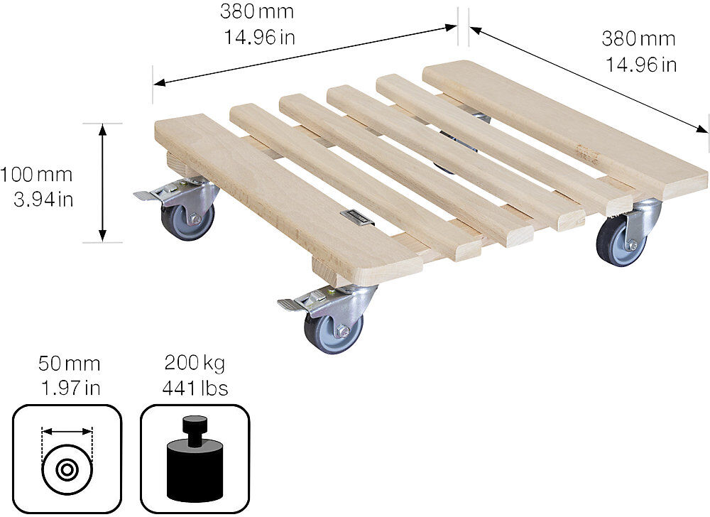 Pflanzenroller Holz PIANO, Tragfähigkeit 200 kg, LxB 380 x 380 mm, natur Wagner