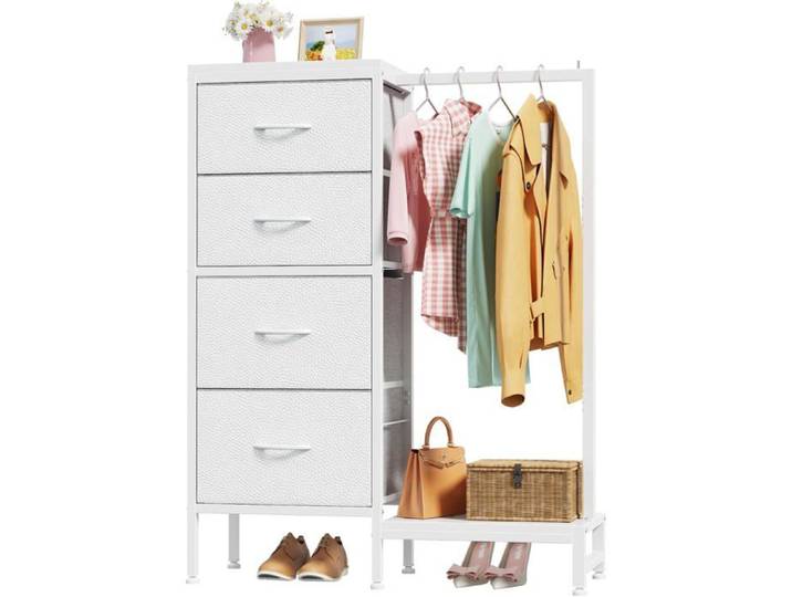 Commode 4 tiroirs 111 cm porte-manteaux intégré 2 tiroirs larges 2 moyens acier renforcé 50 lbs/étagère range-vêtements blanc