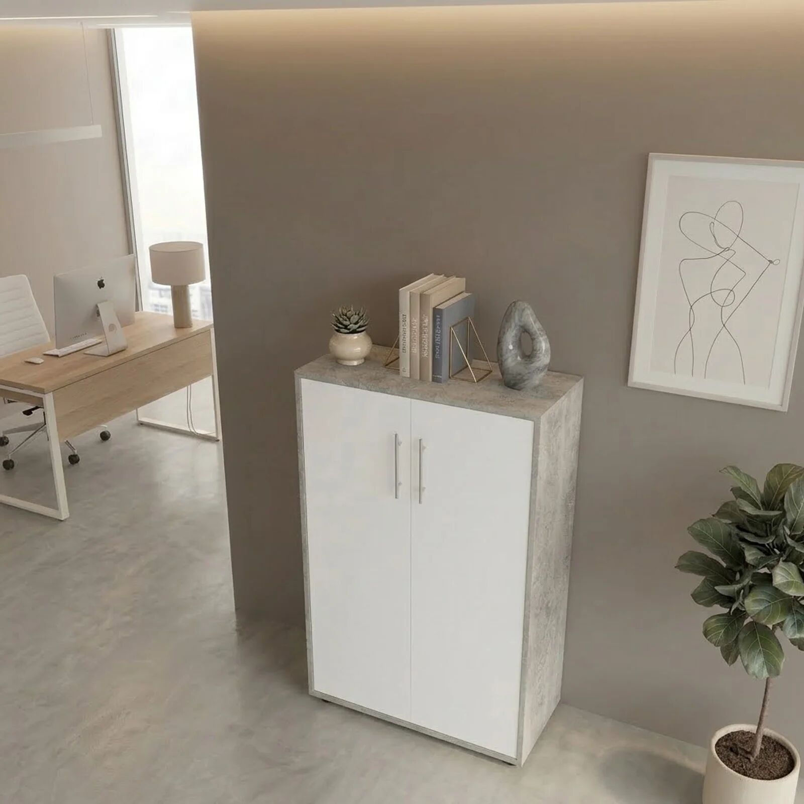 garneroarredamenti Armadio ufficio 79x118h cm 2 ante bianco frassinato cemento Woody