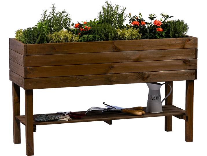 Hochbeet DOBAR mit Ablage inkl. Pflanzfolie , braun, B:40cm H:70,5cm T:117cm, Holzwerkstoff, Pflanzgefäße, Hochbeet, LxBxH: 117 x 40 x 70,5 cm
