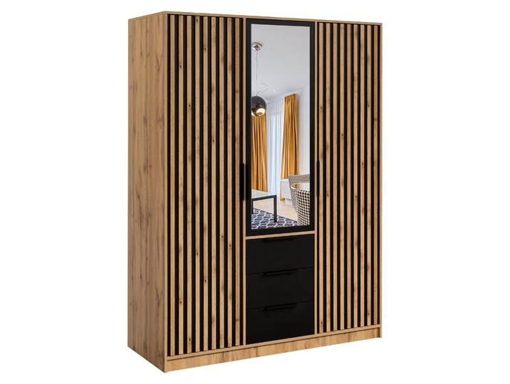 Masseno Drehtürenschrank GAREN 149/200/57,5 cm 3-türig mit Spiegel Eiche Wotan