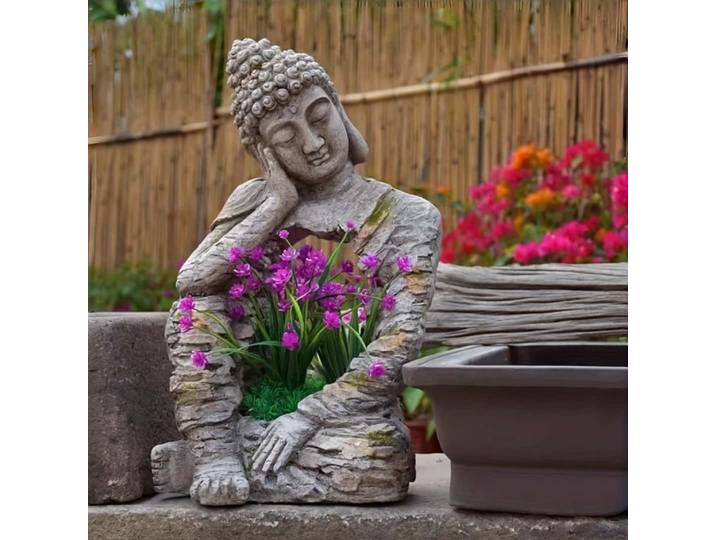 Statue de Bouddha Rétro Effet Vieilli, Décoration de Jardin Zen, Pot de Fleurs pour Cour Extérieure, Villa, Balcon, Ornement d'Entrée de Salle de Thé