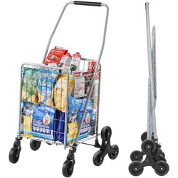 VEVOR Treppenkarre, 45 l, Treppensteiger-Einkaufswagen mit 360°-Lenkrädern, Treppensteiger-Mehrzweckwagen mit drei Rädern, faltbar, zusammenklappbar Transportkarre, Ideal für Wäschetransporte, Silber