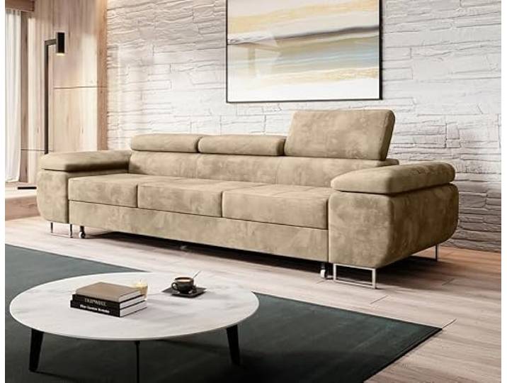 Easy4You Schlafsofa Norberg - 279 cm - Velour Beige - 3 Sitzer Sofa - Werstellbare Kopfstützen - Couch mit Schlaffunktion - Stoff: Monolith M-04