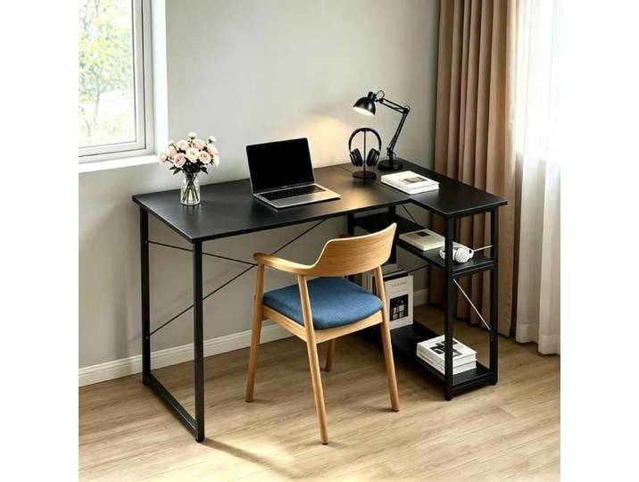 VIVOLILV Bureau d'angle L Scandinave 120x50x75 cm Avec étagères rangement cadre métal pour télétravail gaming maison Noir