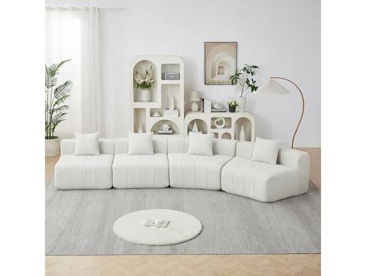 Switdo Chenille Sofa-Modul Halbrund 6-Sitzer Beige mit 2 Kissen Geschwungenes halbrundes Chenille-Modul mit 2 Kissen für Wohnzimmer, Schlafzimmer und Büro