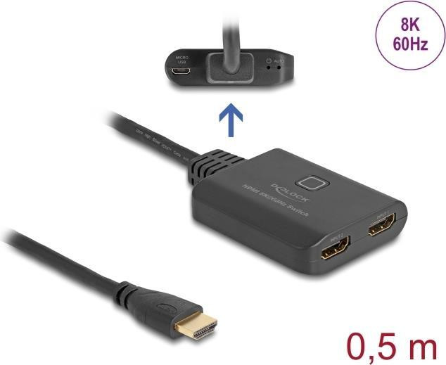 Delock HDMI-schakelaar met 2 HDMI-ingangen en 1 HDMI-uitgang, 8K 60 Hz, inclusief 50 cm geïntegreerde kabel