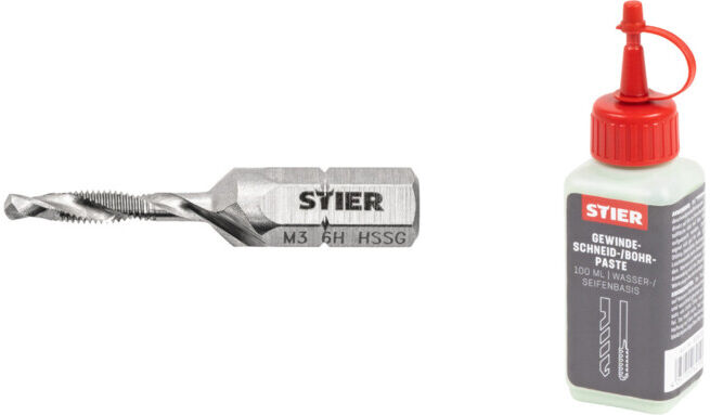 Set Stier STIER Kombigewindebohrer Bit M3 DIN 3126 HSS-G 1/4-Sechskant + STIER Gewindeschneidpaste Bohrpaste 100 ml Wasser-/ Seifenbasis