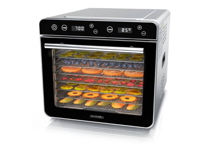 Arendo Dörrautomat Edelstahl, Temperaturregler von 35° bis 85°C, Dörrgerät, Dehydrator 700 W, 8 Etagen, Obst, Gemüse, Fleisch Dörrapparat, Obsttrockner, Timer 0,5-24 Stunden
