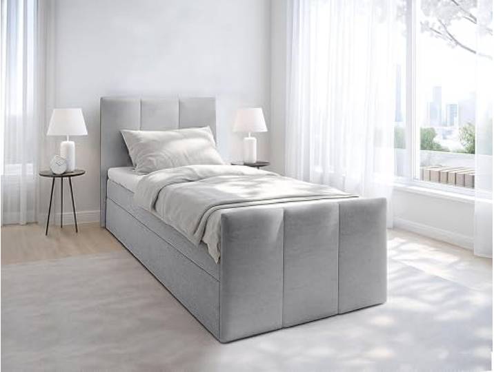 AXLIVING Levente Boxbett mit Bettkasten 100x200 graues Boxspringbett Graues Boxspringbett mit gepolstertem Kopfteil. Bett mit Bettkasten 100x200. Pflegeleichter Bezug. 100 % Polyester.