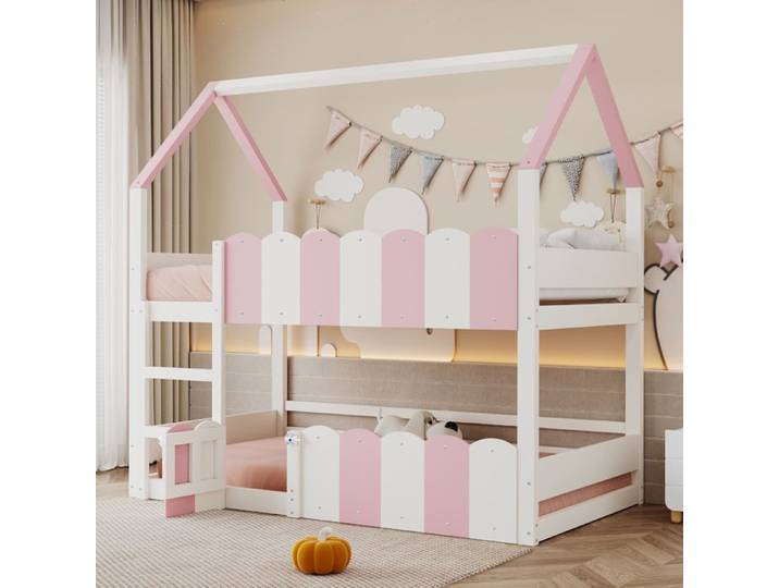 Lit superposé cabane 90x200 cm - lit superposé fille enfant en bois - échelle et garde-corps - Sommier inclus - rose