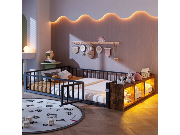 BBWL Metallbett mit Schutzgeländer, LED-Beleuchtung, Stauraum, Eisenrahmen Doppelbett, Metallbett 140x200 cm Flachbett ohne Matratze